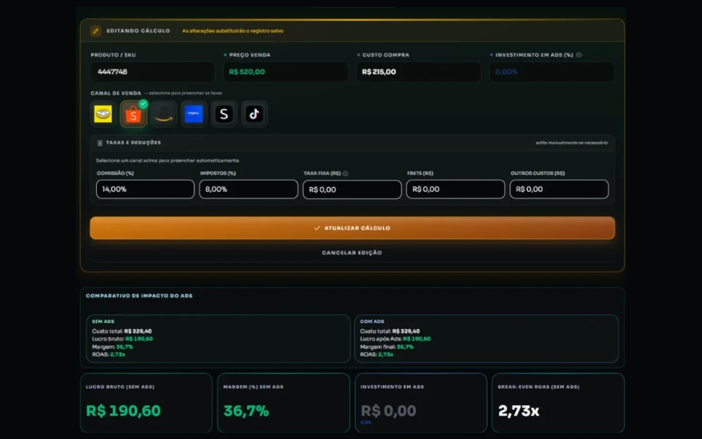 Tela da calculadora de precificação: preço de venda, custo de compra e investimento em anúncios de um produto, com comissão e impostos preenchidos pela escolha do marketplace, e o resultado em lucro bruto de R$ 190,60, margem de 36,7% e ROAS de equilíbrio de 2,73x.