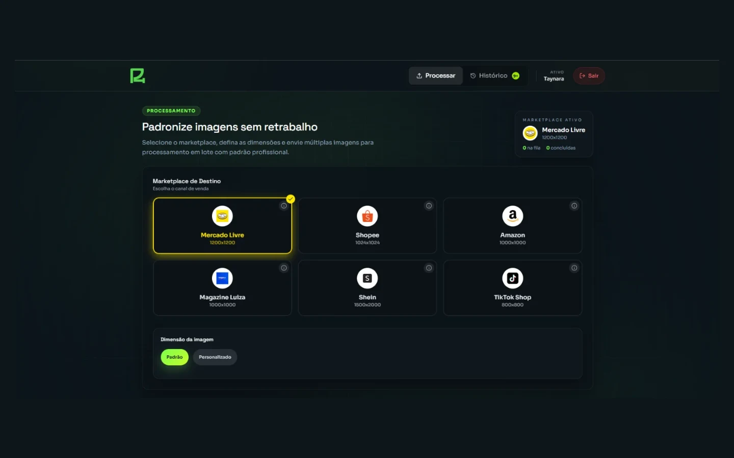 Tela de processamento do SPI: seleção do marketplace de destino, com Mercado Livre ativo em 1200x1200, ao lado de Shopee, Amazon, Magazine Luiza, Shein e TikTok Shop, cada um com as dimensões que exige.